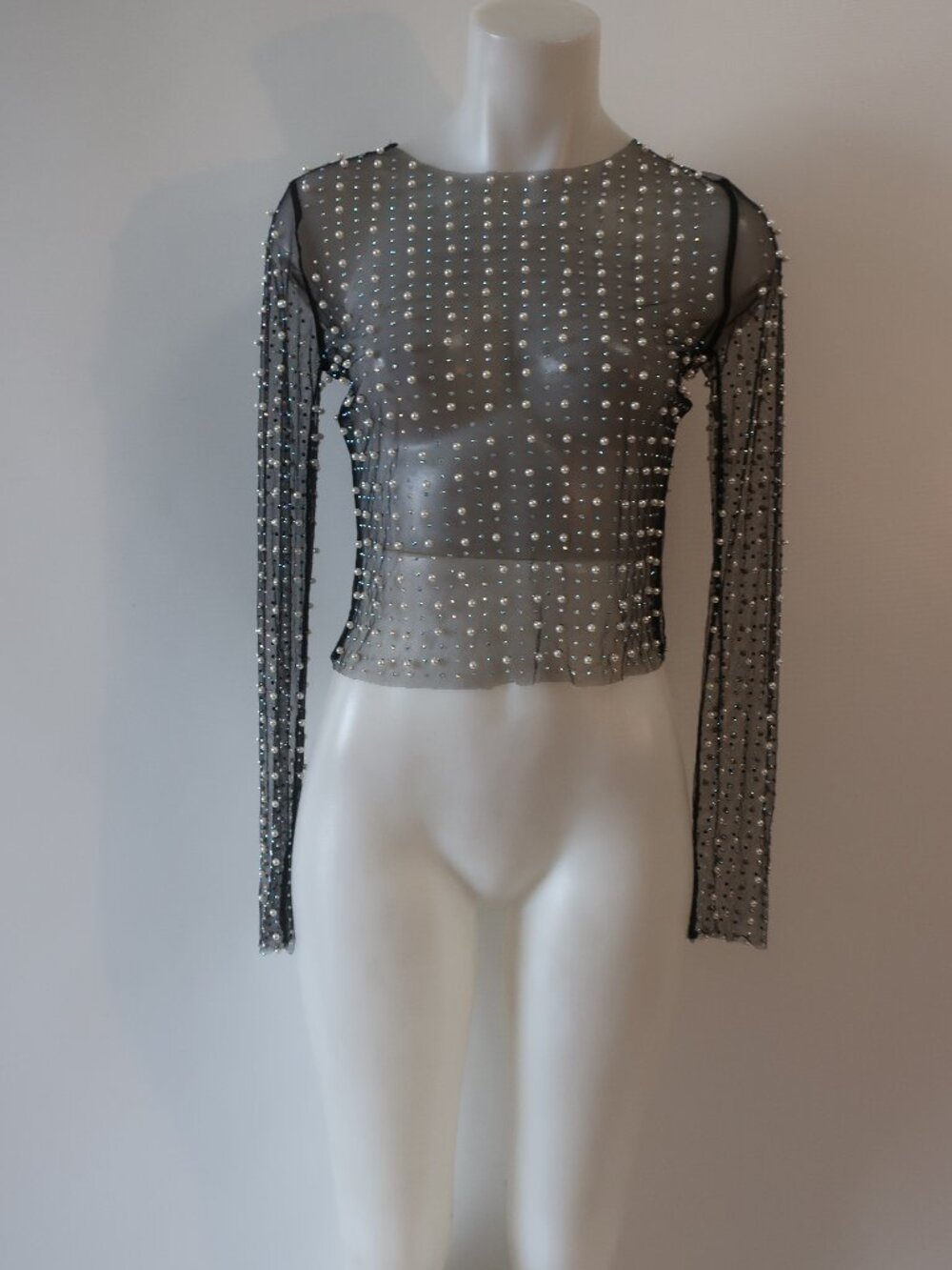 Womens Lilly Pulitzer Black Mesh Sheer White Pearls, Rhinestones Long Sleeve Top
